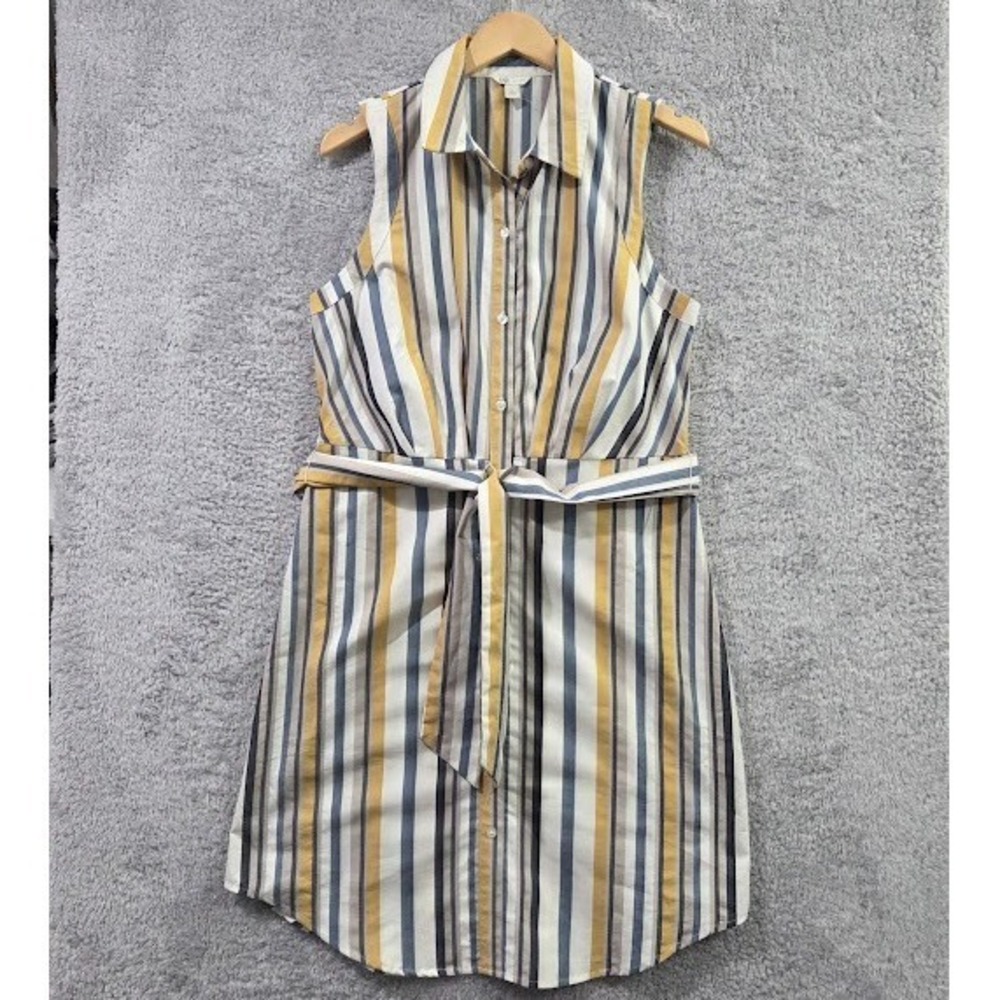 Cato Large Shirt Dress Striped‎ Sleeveless Button Front Belted Yellow Blue White